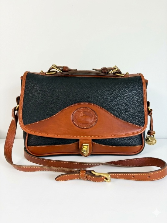 Dooney & Bourke Handbags - Vintage Dooney & Bourke AWL Leather Carrier Bag Black Tan Crossbody Satchel 90s